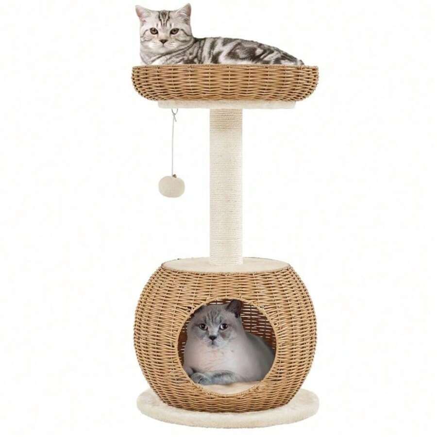 YISHEN Yaheetech 54in Rattan Cat Tree Tower With Luxury Woven Condo, Clear Bowl, Washable Cushions, And Scratching Posts, Cat Furniture For Indoor Cats 324809