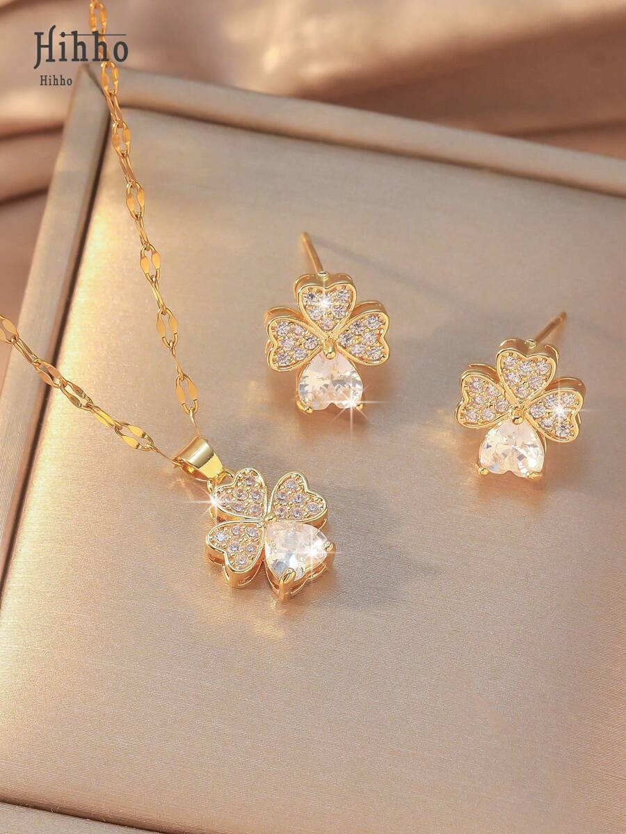 Hihho 3pcs/Set Stainless Steel Chain Necklace With Four-Leaf Clover Flower, Heart-Shaped Crystal Embellished Flower Earrings And Pendant Necklace, Elegant Minimalist Jewelry Set (No Gift Box)