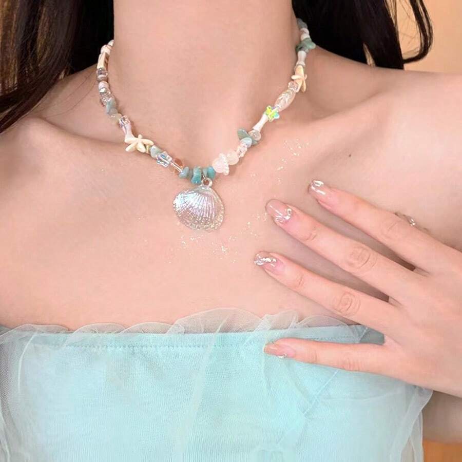 1 pieza Collar con colgante de concha y estrella de mar para mujer, accesorio de moda de playa y vacaciones