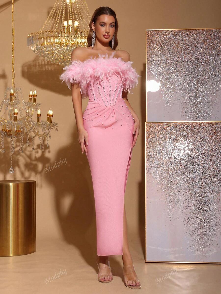 Luxury Beaded Feather Faux Pearl Bandage Split Dress, Women Elegant Formal Gown For Wedding Party, Prom, Graduation, Cocktail Evening, Wedding Guest Dress