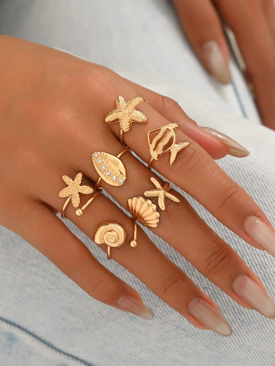 6 stuks/set Ocean Beach Vacation Style Shell & Zeester Design Bohemian Ring Set