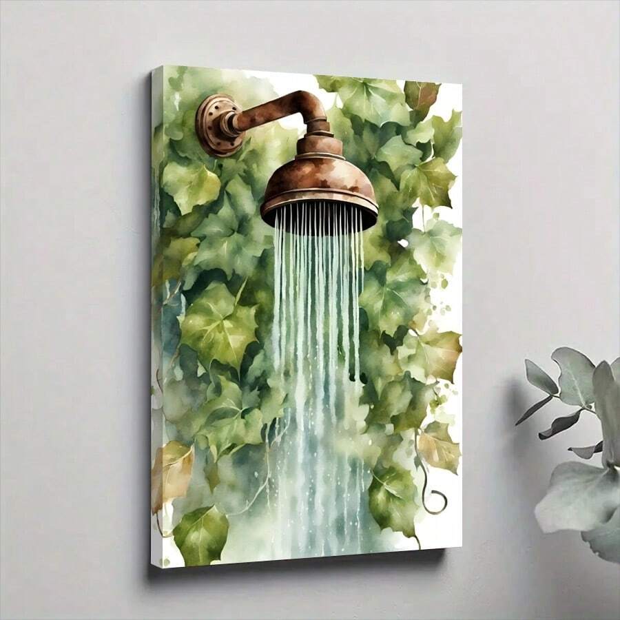 1pc Framed Canvas Poster, Floral Bathroom Shower Wall Art Canvas Paintings, Ideal Gift For Bedroom Living Room Corridor, Wall Art, Room Decoration