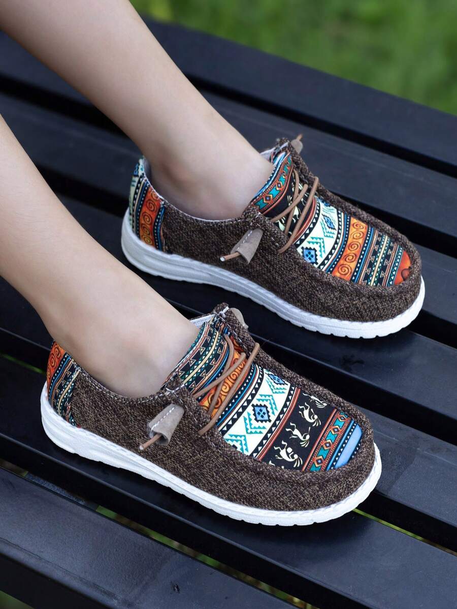 1 Par Sapatilhas Casuais Tipo Barco Leves, Respiráveis e Confortáveis com Slip-On em Estilo Boho para Meninas, Adequado para Todas as Estações, Tamanho Pequeno