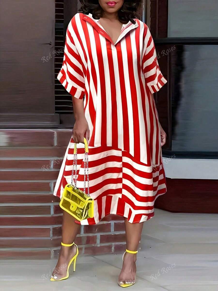 Red Striped Asymmetrical Hem Summer Women's Dress Pomicia Style Red Short-Sleeved Women's Holiday Skirtv Embroidered Modest Elegant Easter Rave Outfits
