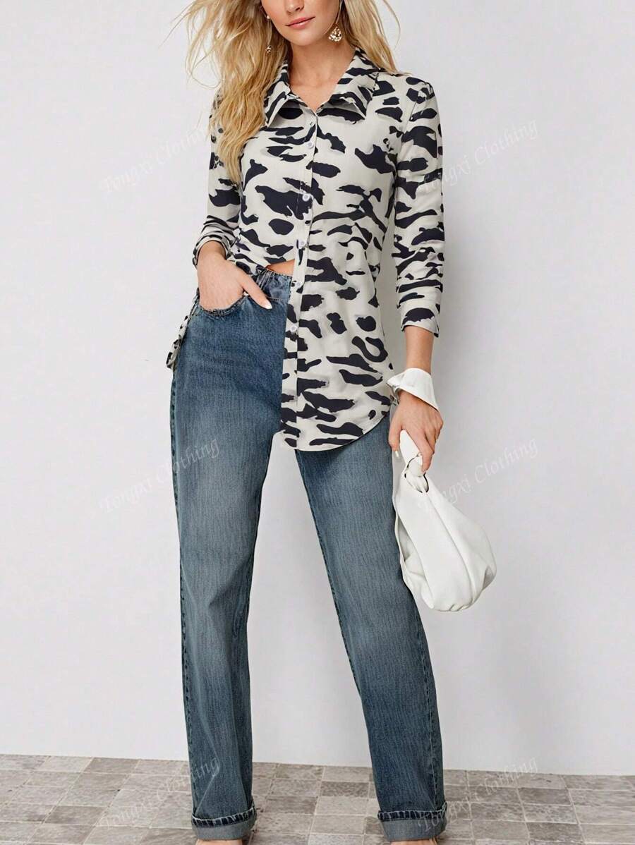 Women's All-Over Print Long Sleeve Button-Down Loose Casual Commute Shirt