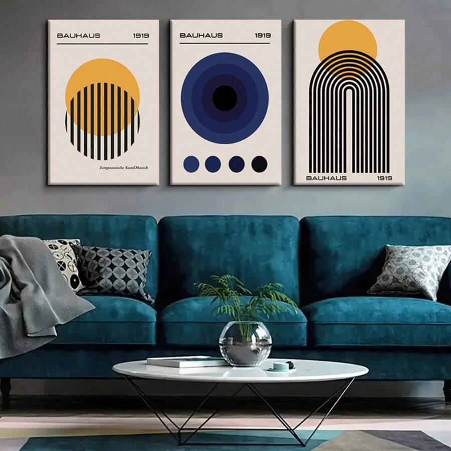 3PCS Canvas Wrapping Frame Bauhaus Abstract Wall Art, Geometric Designs With Circles, Arches, And Bold Colors, Premium Canvas Wall Décor, Ideal For Living Room, Office, Or Modern Spaces.