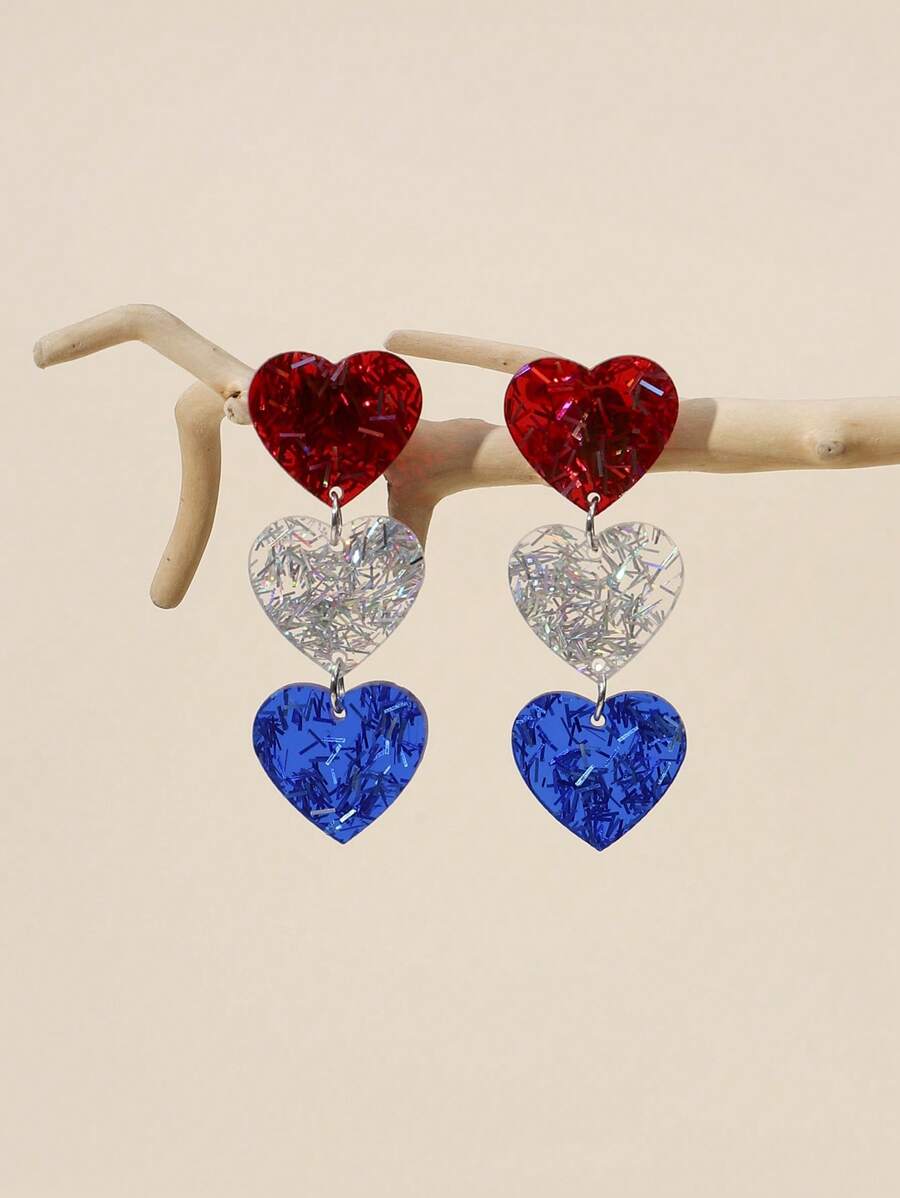 1Pair Joyful Celebration Shiny Acrylic America USA Flag Color Heart Shape Drop Earrings For Women Girls For Independence Day Accessories Jewelry