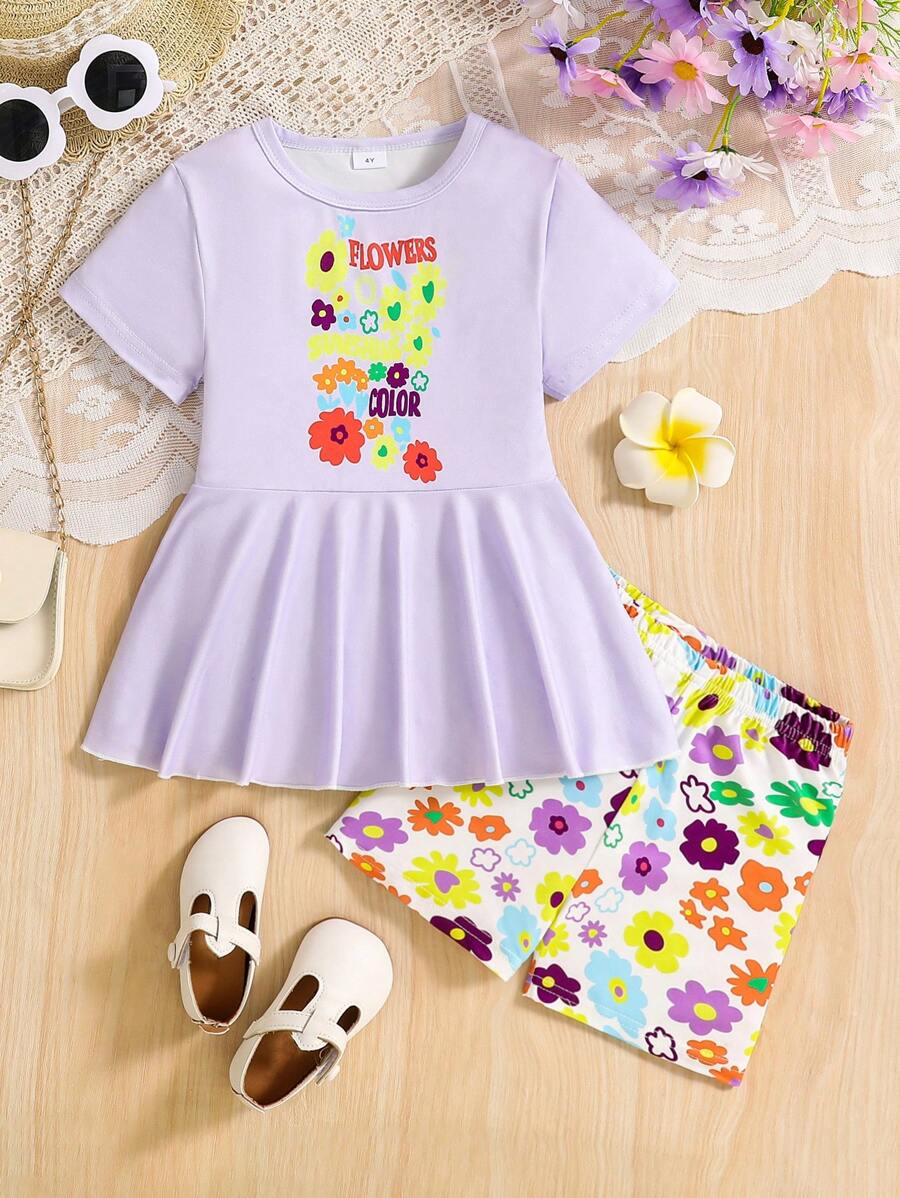 Vestido sin mangas con estampado floral y dobladillo con volantes, camiseta y shorts de ciclista, de tela elástica, adecuado para regalos de verano, Día de la Independencia, fiesta