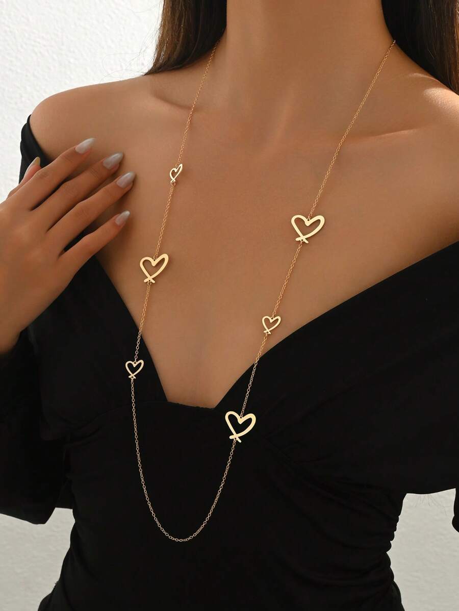 1 pièce Collier à chaîne longue pour pull avec pendentif en forme de cœur et ovale, motif spirale à la mode pour femme, accessoire polyvalent