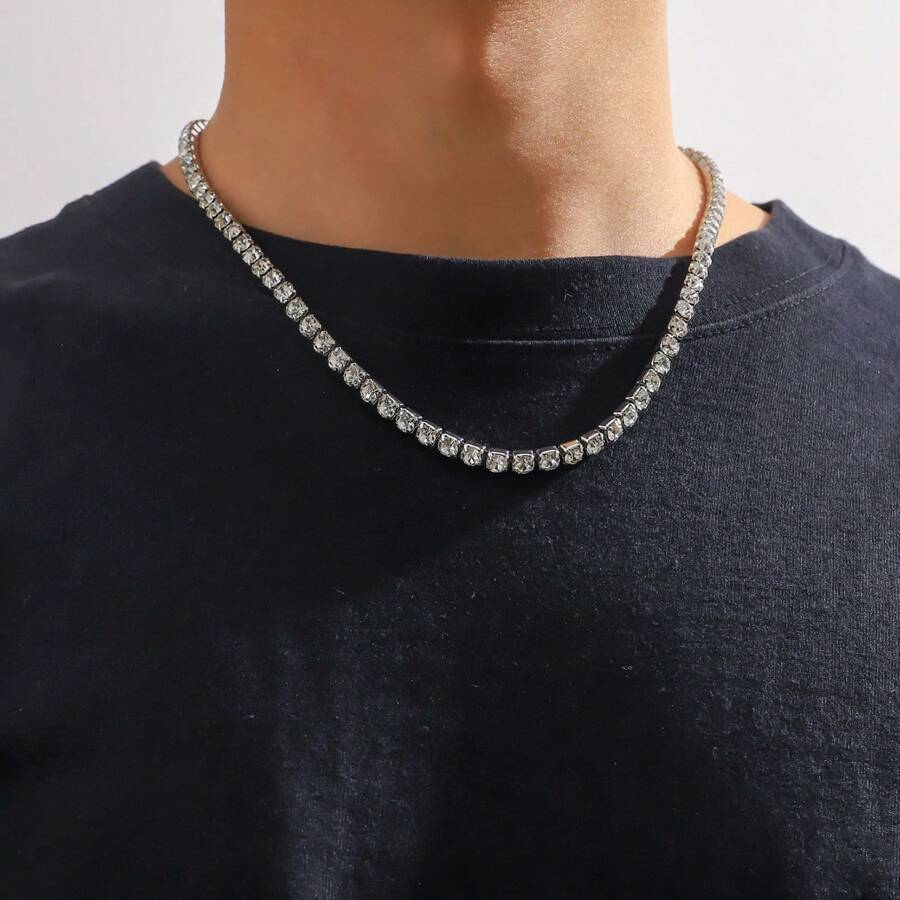 1pc Copper Inlaid Diamond Chain Necklace, Men's Luxury & Fashionable Accessory For Daily Wear & Gift