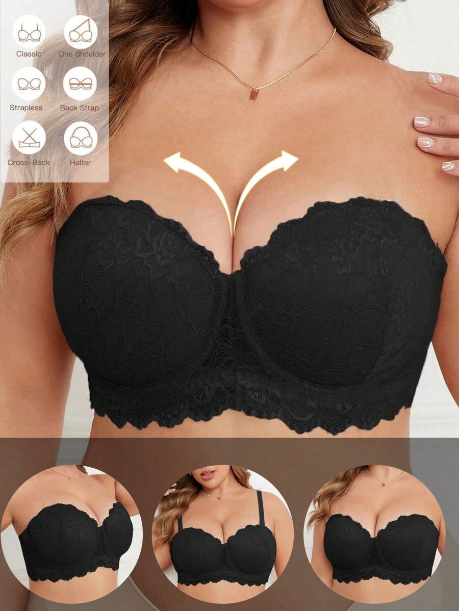 Sujetador cómodo con encaje y parches, sin alambres, con botones laterales y tirantes desmontables para multiposición para mujeres de tallas grandes