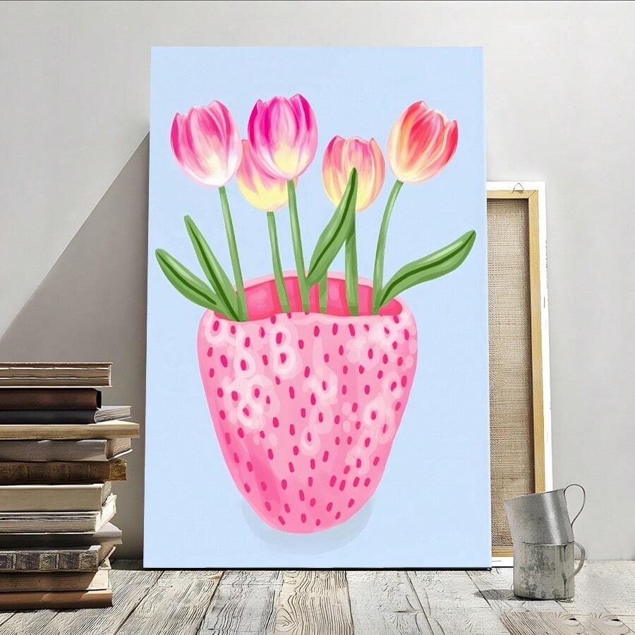 1pc Framed Canvas Poster Tulips Vase Simple Wall Art Canvas Paintings Ideal Gift For Bedroom Living Room Corridor Wall Art Wall Decor Room Decoration Ready To Hang