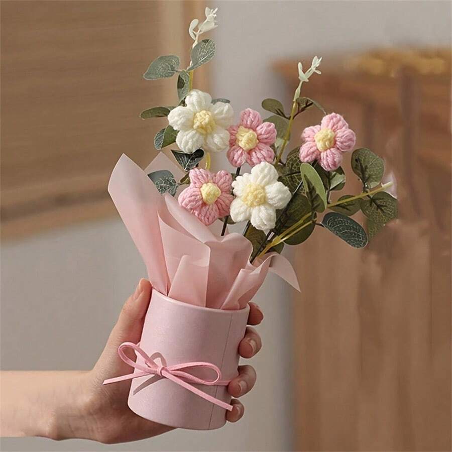 1 set DIY de bouquet floral tissé, comprenant tissu et fleurs tissées, vase en plastique, papier cadeau, 5 pièces de fleurs tissées. Convient comme cadeau pour la mère, les amis, l'anniversaire, la fête des mères, la Saint-Valentin, la décoration de la maison