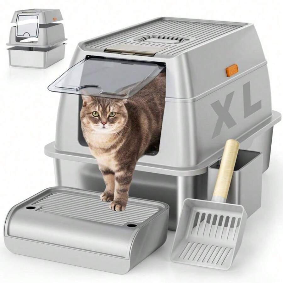 HUIXLLC Stainless Steel Cat Litter Box With High Sided Enclosure & Scoop, XL Extra Large, Removable Metal, Anti-Leakage, Non-Sticky, Easy To Clean (Grey) 32489