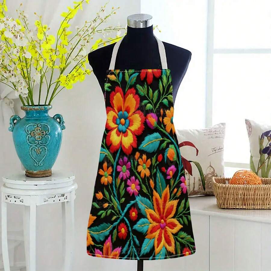 1 pieza Delantal de lino con estampado 3D de flores para cocinar en el hogar, uso de cocina y entusiastas de la cocina