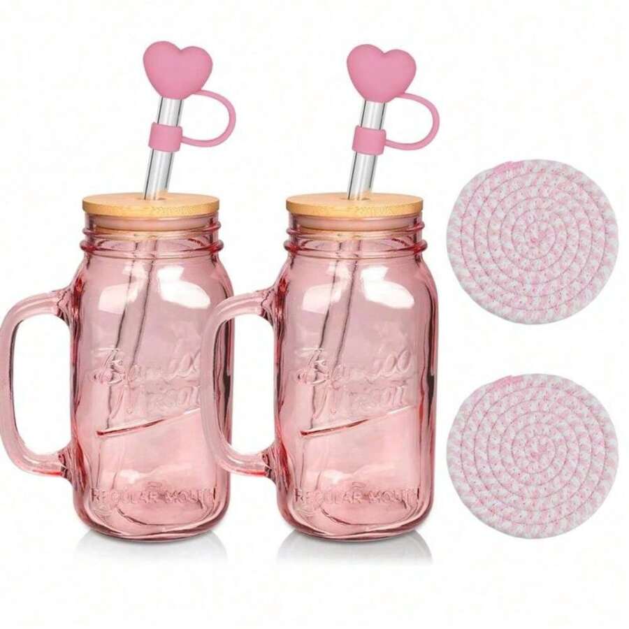 ZHANGJIE Mason Jar Glass Cup With Lid & Handle, 1 Set Including 2 Drinking Glasse & 2 Straw & 2 Coaster & 2 Straw Cap & 1 Brush, Drinking Cup For Home Office, Boyfriend Gifts, Gifts For Girlfriend, Kitchen Gadgets 2024 324809
