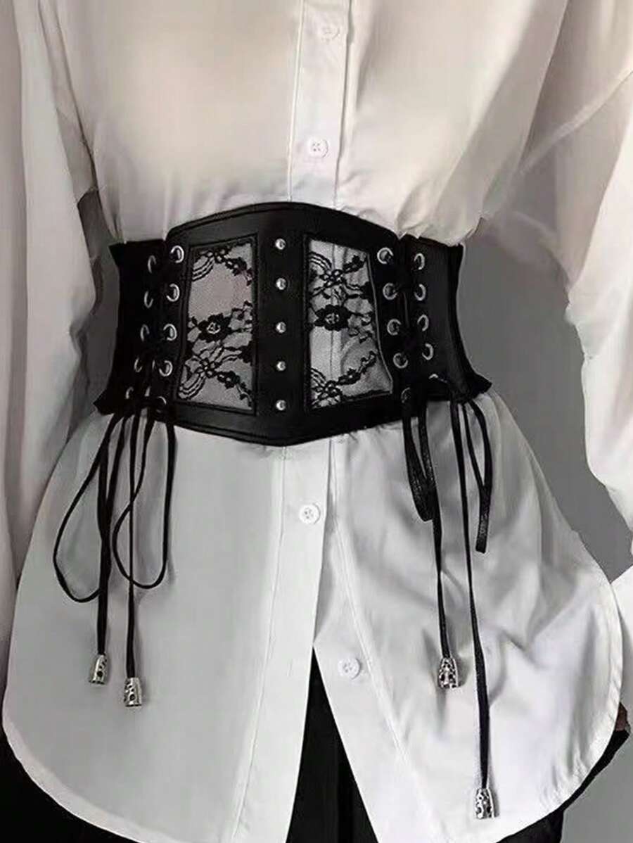 1 pieza Corselete elástico negro de encaje y malla sexy, adecuado para festivales, reuniones y fiestas. Corselete femenino para vestidos, entrenador de cintura para estilizar la cintura y controlar el abdomen.