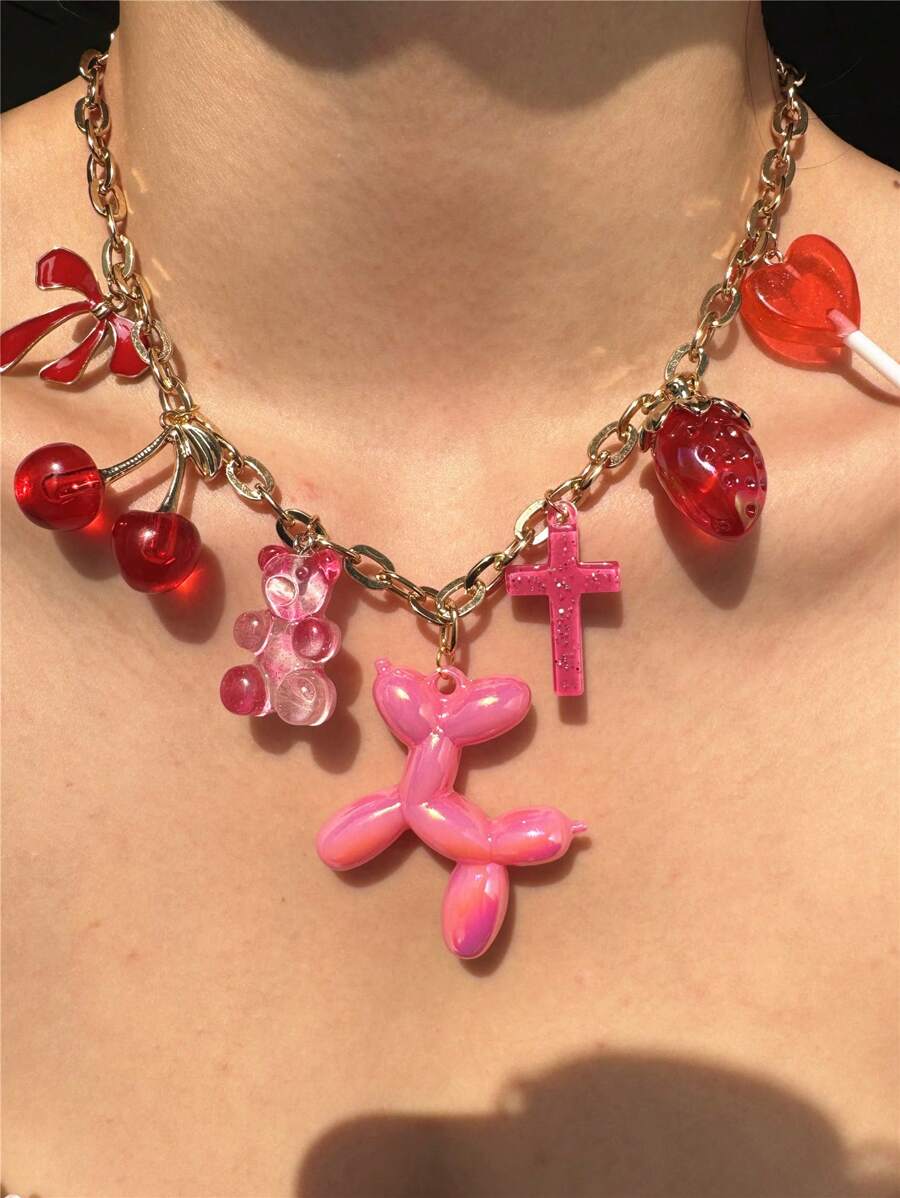 1 pieza Collar colgante con diseños de fresa roja y rosa, cereza, lazo, oso, paleta y perro - Regalo de joyería divertida para mujeres apta para verano, citas y fiestas