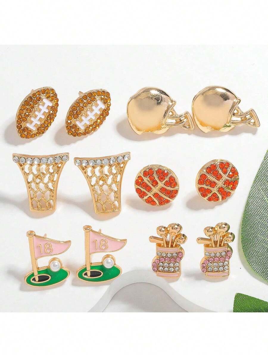 Set de 12 pares de pendientes de mujer con diseño de bolas deportivas con rhinestones, que incluyen baloncesto, aro de baloncesto, fútbol, pelota de golf, adecuados para usar en eventos deportivos diarios