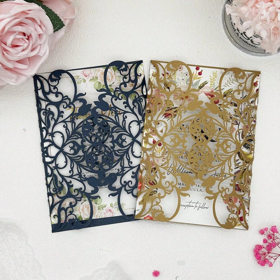 25 piezas Invitaciones de boda con corte láser elegantes de falsa perla, multicolor con acentos brillantes - Adecuadas para bodas, aniversarios y ocasiones especiales - Diseño exquisito con espacio para tarjeta interna, recuerdos de boda, sin incluir tarjetas internas ni sobres