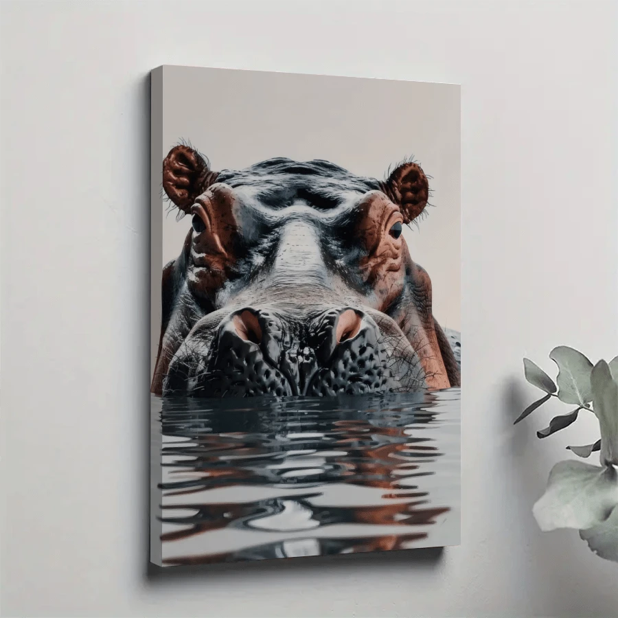 1pc Framed Canvas Poster, Hippo Animal Wildlife Wall Art Canvas Paintings, Ideal Gift For Bedroom Living Room Corridor, Wall Art, Room Decoration