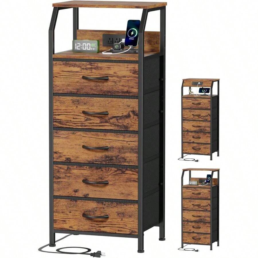 5 Drawers Dresser With Charging Station, Tall Night Stand With Storage Shelf, Fabric Chest Of Drawers, Bedside Table For Closet, Entryway, Bedroom Furniture, 3 Ways To Use, Rustic Brown