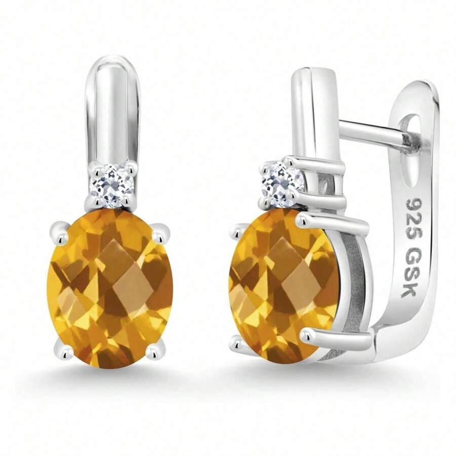 925 Sterling Silver 9X7MM Oval Gemstone Birthstone And 2.5MM White Topaz Earrings For Women | Fine Jewelry Gifts For Her Mom Women Wife-WCZ