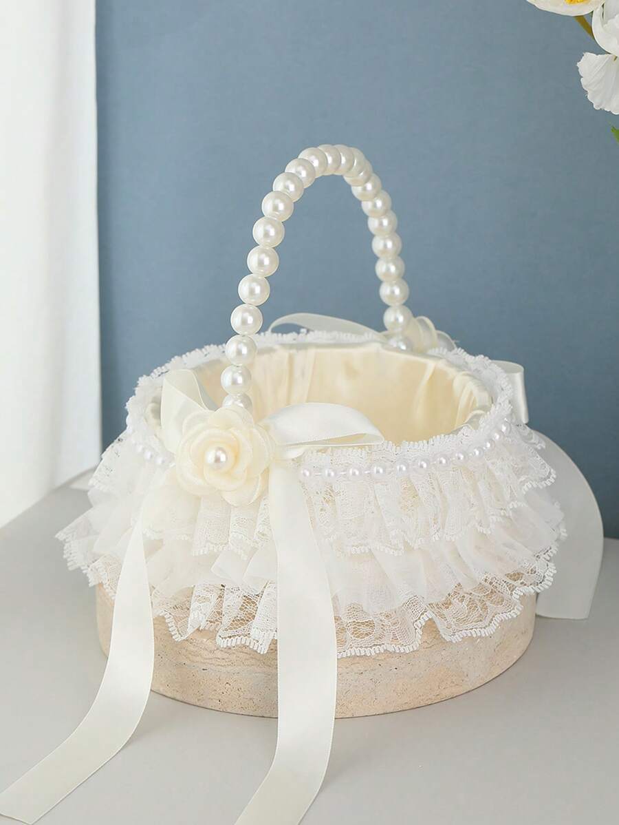 1PC Western Style Wedding Supplies Pearl Fabric Flower Girl Flower Basket Bridesmaid's Carrying Basket Wedding Hall Decoration