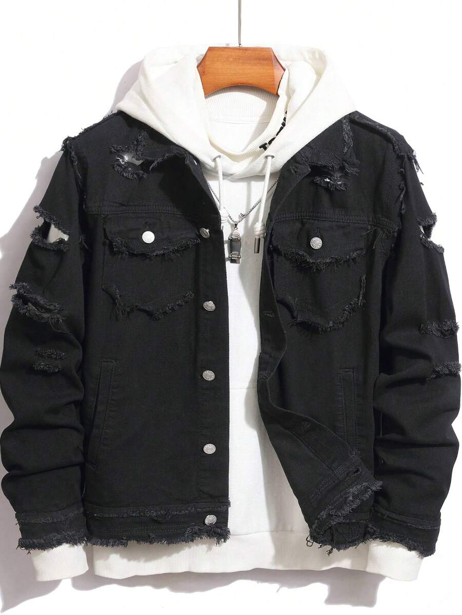 Chaqueta vaquera desgastada para hombre, chaqueta de jeans de moda casual de corte slim estilo high street coreano