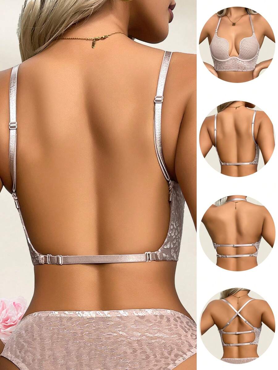 Lencería de novia ultradelgada para temporada festiva, lencería sexy con encaje en forma de U y espalda descubierta para mujeres, sujetador de espalda hermoso, sujetador invisible ultradelgado y transpirable, bralette de malla cómoda, ropa interior francesa con aros para mujer, lencería con estampado de leopardo y rayas