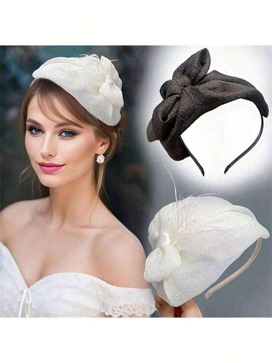 1 Pc Women's New Sweet Aristocratic Bow Side Small Top Hat Feather Headband,Hairband,Hair Hoop Headbands