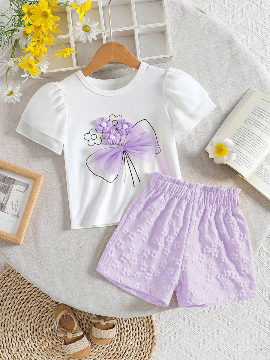 2pcs Girls Cute 3D Floral Lace Bowknot Splicing Chiffon Short Sleeve Top + Bubble Jacquard Shorts Set, Suitable For Outdoor, Vacation, Summer