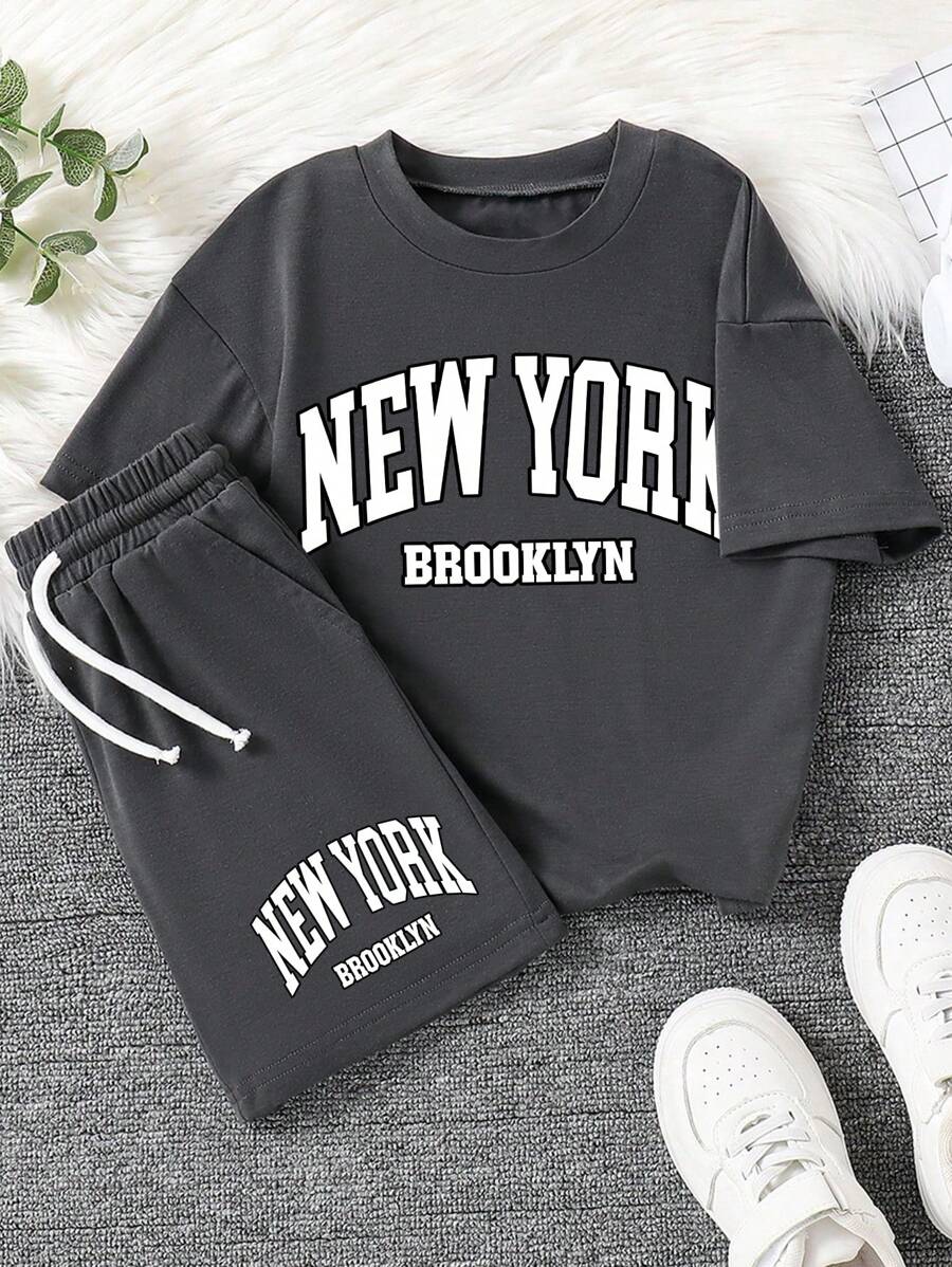 Tween Boy Letter Graphic Print Crew Neck Short Sleeve T-Shirt And Shorts Set