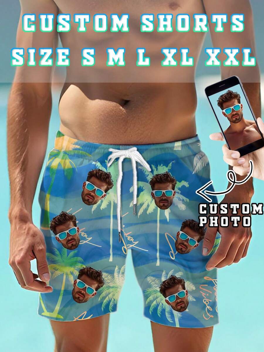 Men Custom Coconut Tree Printed Hawaiian Beach Vacation Shorts Add Your Photo /Lover/Family Personalized Beach Shorts Stylish Comfortable For Any Summer Adventure Male Fashion Outfit Funny Birthday Gift