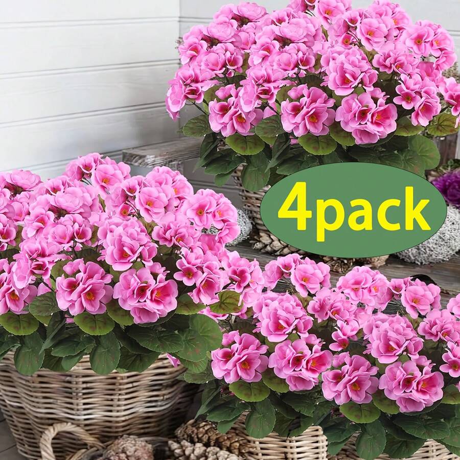 1/2/4pcs Artificial Shrubs Geraniums - Realistic Pink Flowers With Green Foliage For Indoor & Outdoor Decor, Perfect For Garden, Porch, Patio, Window Box, And Hanging Planter, Garden Decor , Maintenancefree Plants, Artificial Outdoor Flowers Shrubs
