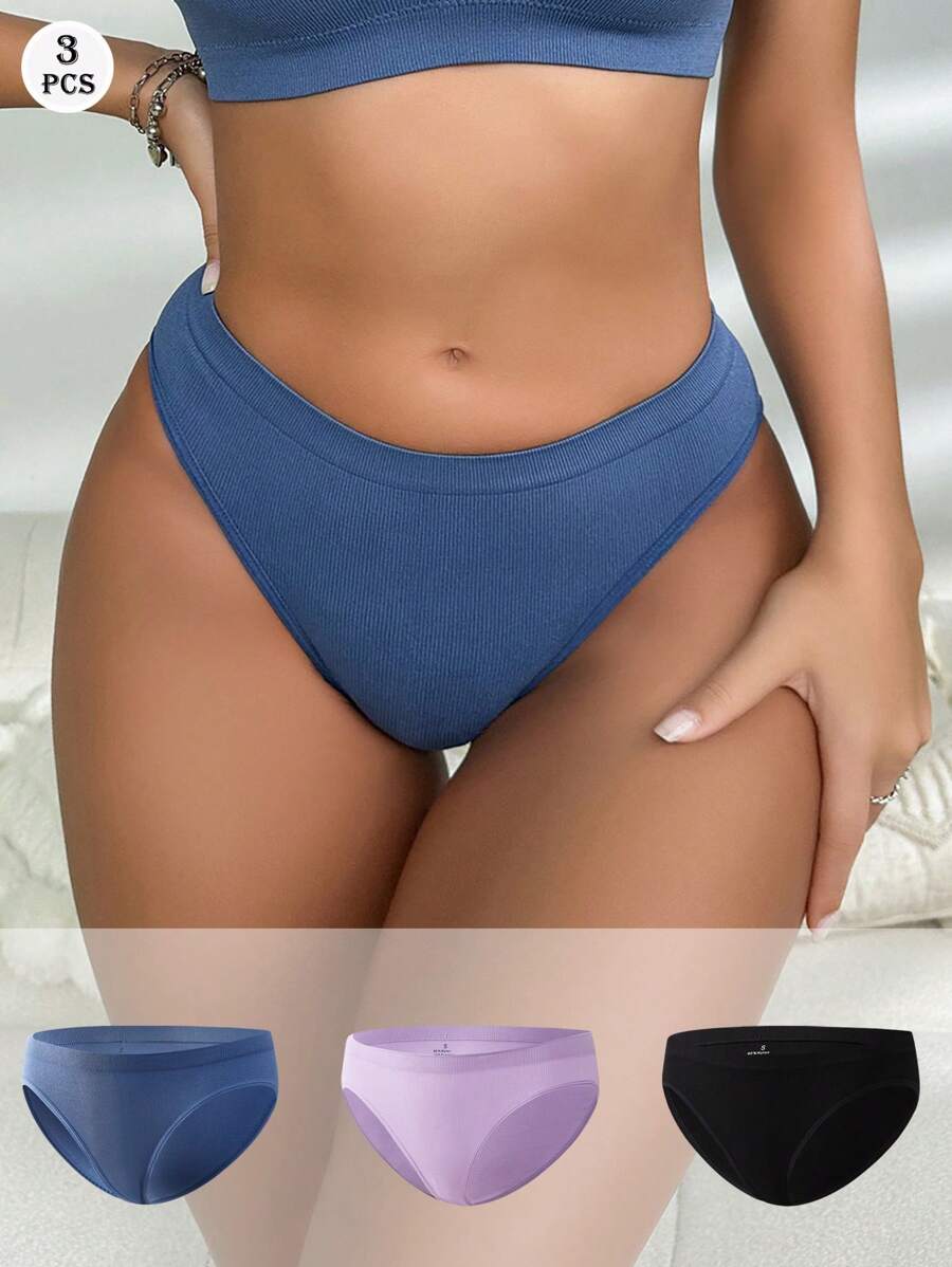 paquete de 3 bragas sin costuras de color liso con corte en V para mujeres