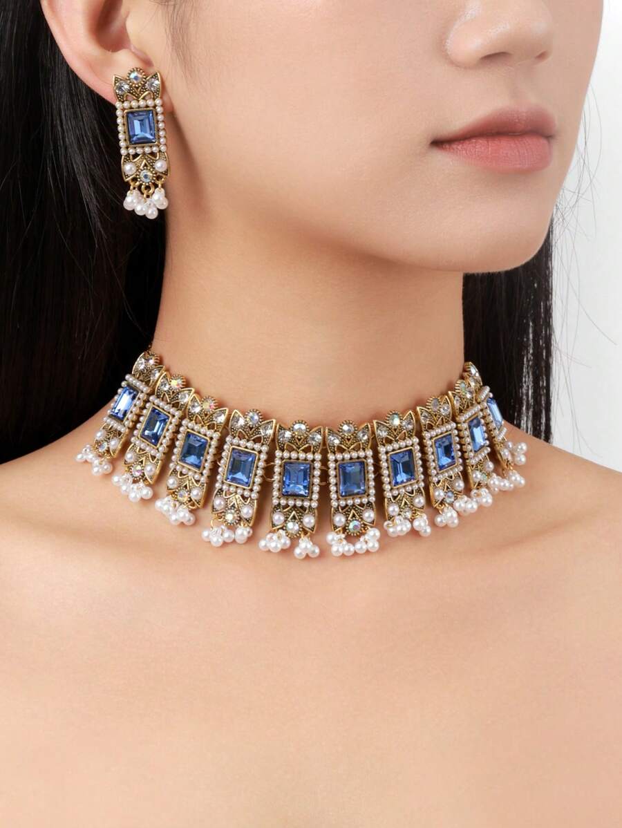 European And American Retro Exaggerated Bohemian Rhinestone Faux Pearl Beaded Square Gem Choker Necklace & Tassel Earrings 3-Piece Set