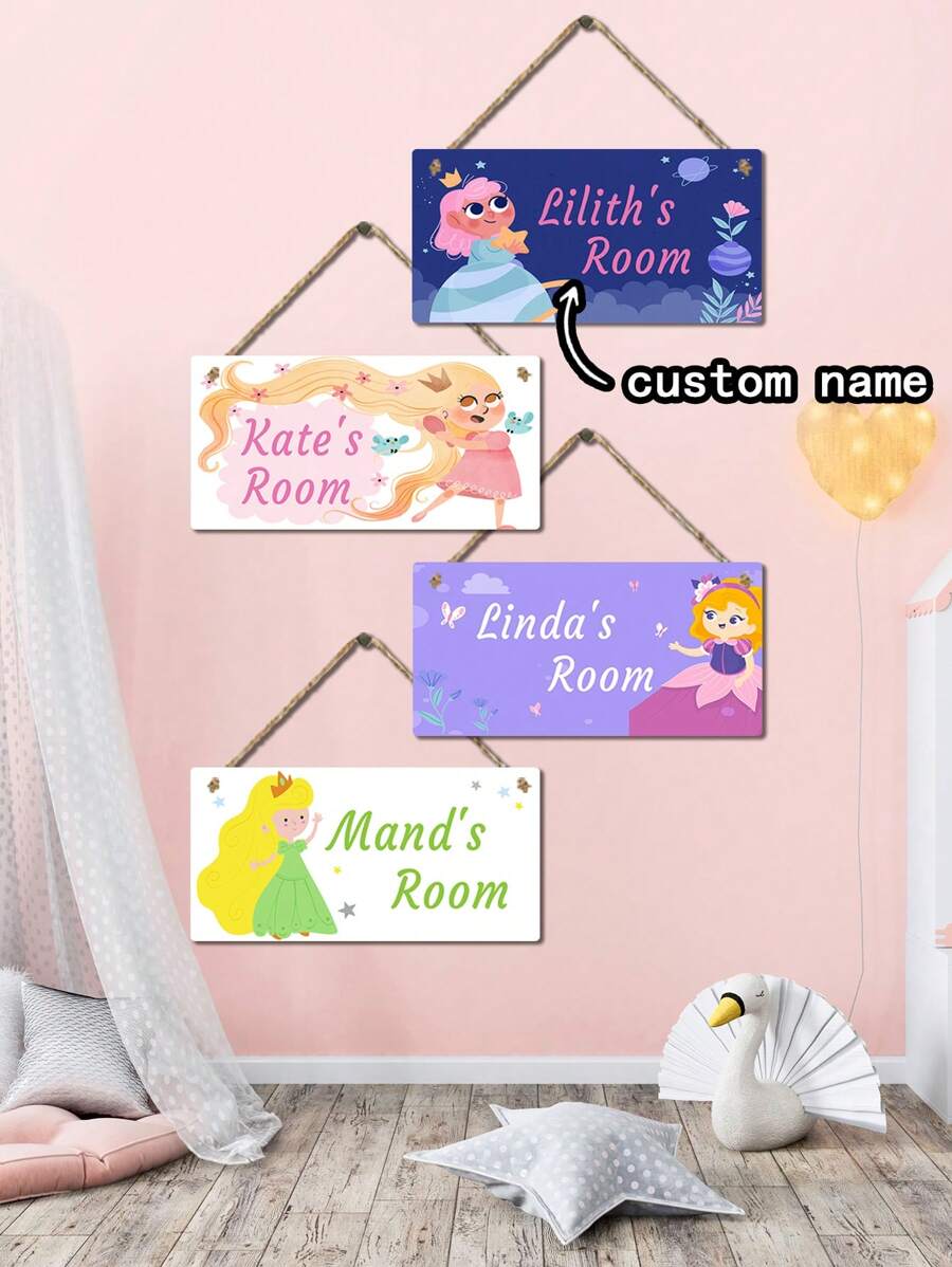 1Pc No Lanyard Cute Cartoon Princess Customized Name Wall Hanging Sign For Home Art Decor Personalized Art Plaque Bedroom Decor,A Gift For A Girl