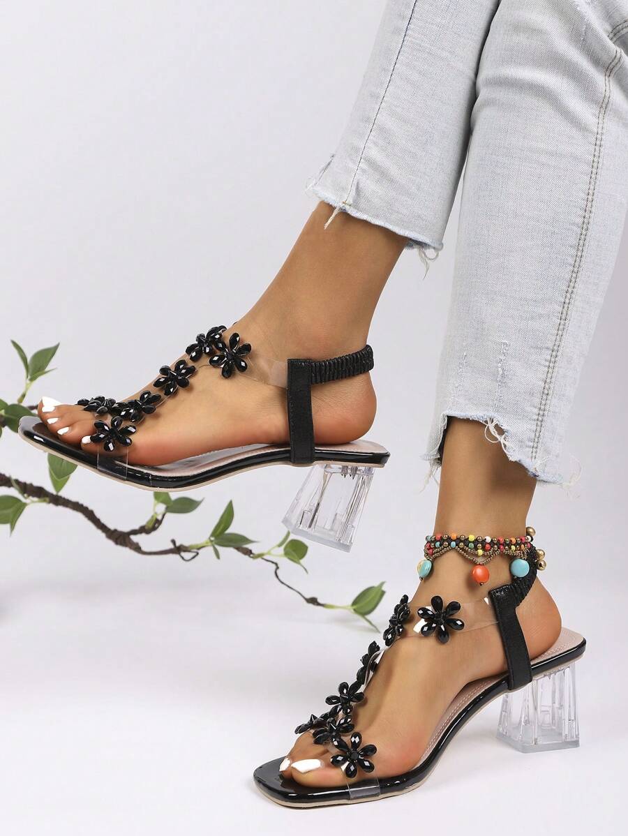 New Year's Rhinestone Sandals For Girls, Stylish Chunky Mid-Heel And Crystal Clear Heel, High Heel Dance Shoes, Suitable For Teenagers And Children, School Style, High Heel Dance Shoes