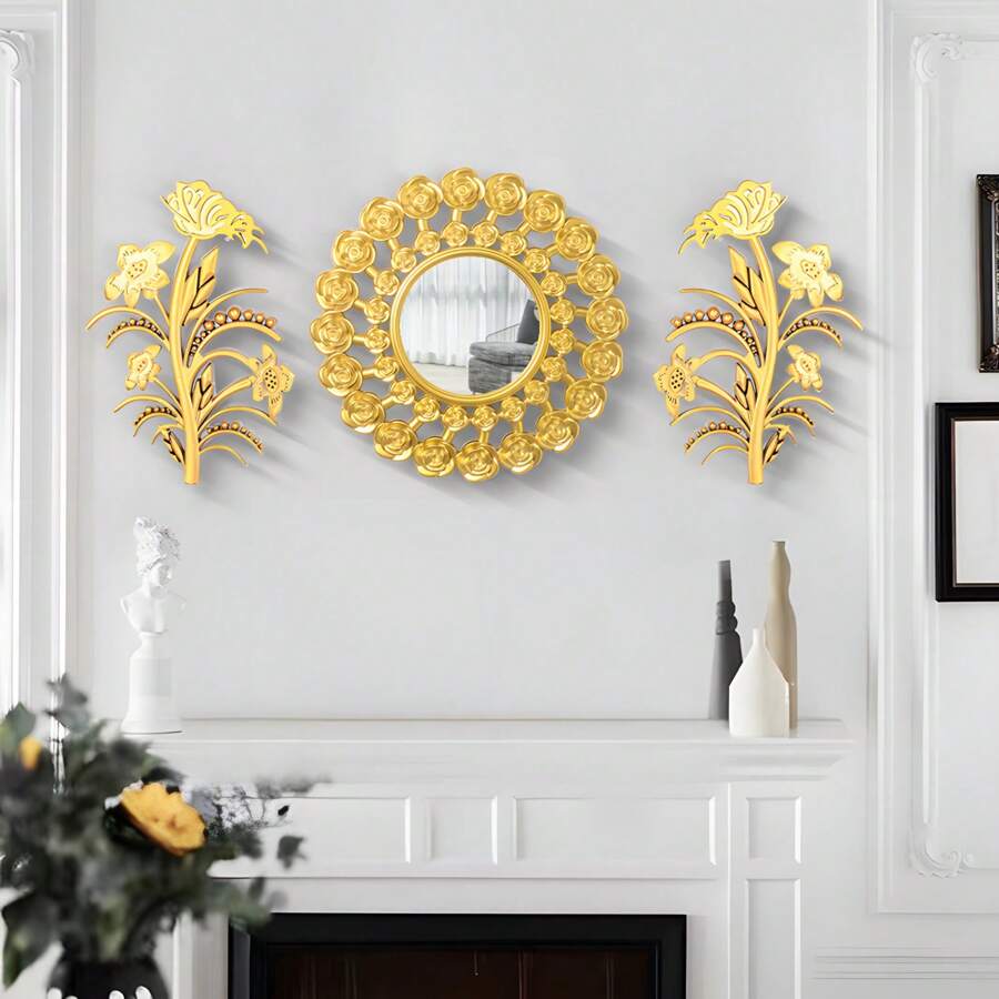 3/1 pezzi Specchio decorato con rose floreali creative, elegante decorazione da parete, ornamento appeso per mobili, adatto per soggiorno, bagno, camino, decorazione murale fai-da-te