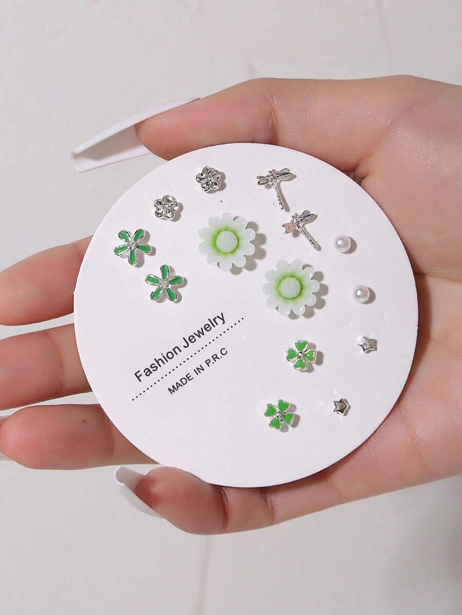 7 Pairs/Set Women's Fashionable Star, Moon, Flower, Leaf, Heart & Pearl Decorated Stud Earrings