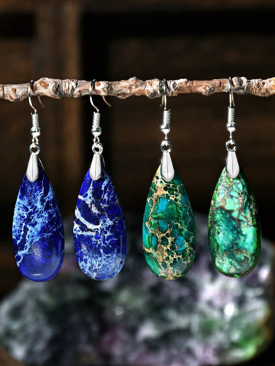 Brincos pendurados em formato de gota vintage, decoração de pedra natural, estilo boêmio retrô, enfeites de orelha para feriados, gradiente de cor, azul e verde