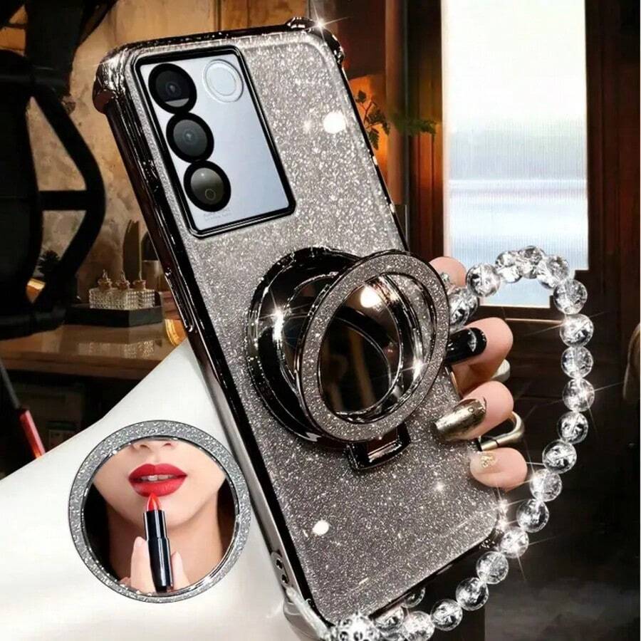 1 Piece Electroplating Corner Design Phone Case With Screen Protector, Glitter Mirror Stand, Beaded Lanyard Compatible With Wireless Charging Compatible With Iphone 16 Pro Max, P30, Nova 11, Honor Magic7, Redmi Note 14 Pro+ 5G, Galaxy S25 Ultra, Infinix Smart 8/Infinix Hot 40i/Tecno Spark 20/Tecno Spark 20C/Tecno Spark Go 2024, Moto G54