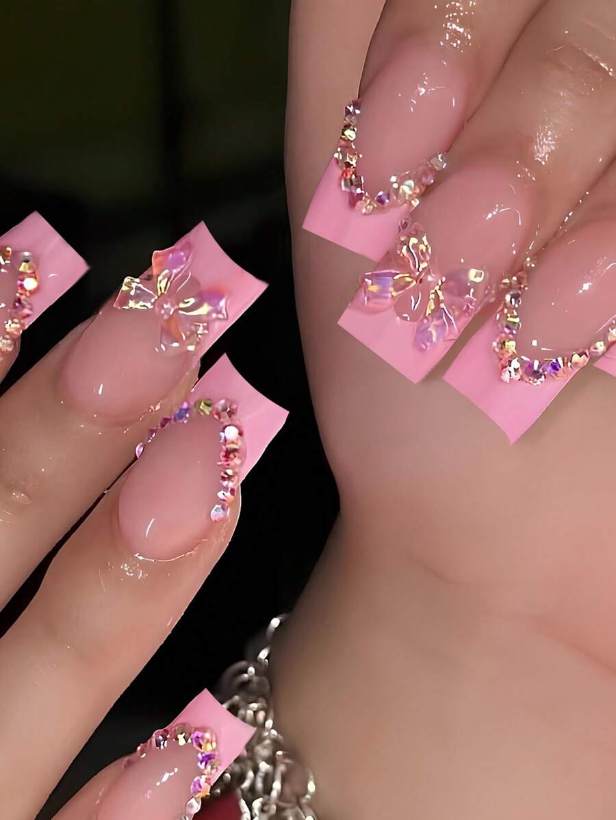 Eleva tu estilo con 24 piezas/set de uñas postizas cuadradas de color rosa con diseño de moño 3D con cristales, incluye 1 pieza de pegamento de gel y 1 pieza de lima de uñas, adecuado como regalo para mujeres y niñas
