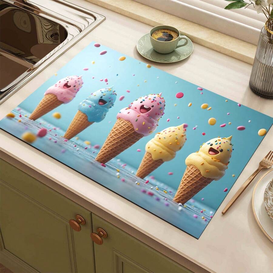 1pc Summer Refreshing Ice Pop, Ice Cream Printed Coffee Machine Drying Mat - Diatomite Printed Placemat, Kitchen Counter Pad, Kitchen Tableware Mat - Soft Diatomite Mat Suitable For Kitchen Counter, Suitable For Coffee Machines, Espresso Machines, Etc.