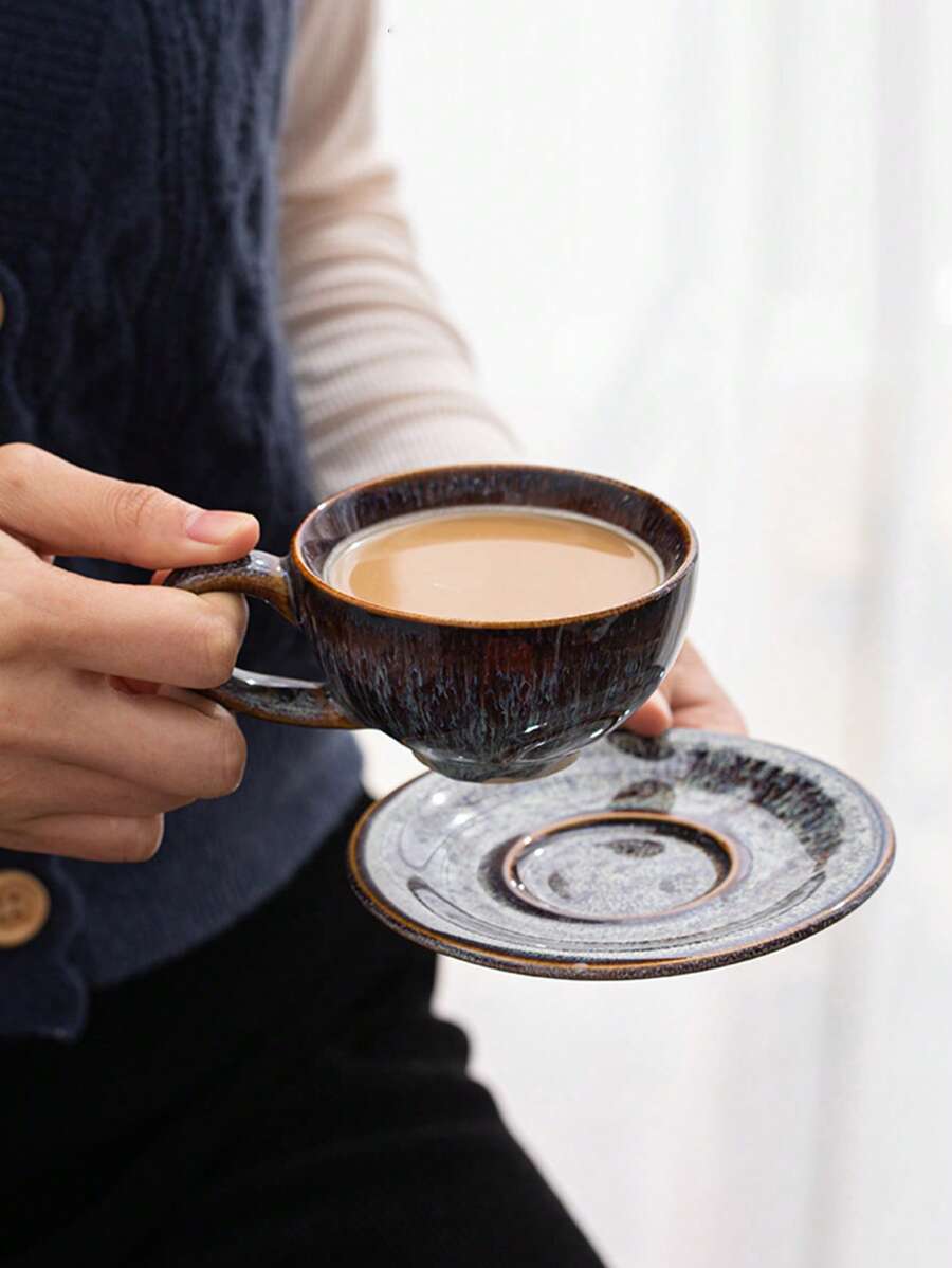 1pc 170ml Ceramic Coffee Cup & Saucer Set, Reactive Glaze Creative European Style Coffee Mug, Vintage Latte, Espresso, Breakfast Cup Back To School