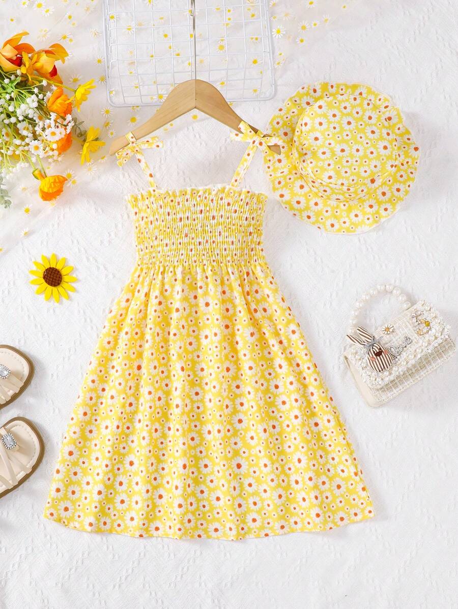 MommBaby Vestito estivo da ragazza con fiocco e bretelle di Mommbabay, vestito da ragazza carino senza maniche con stampa a fiori di margherita e cappello