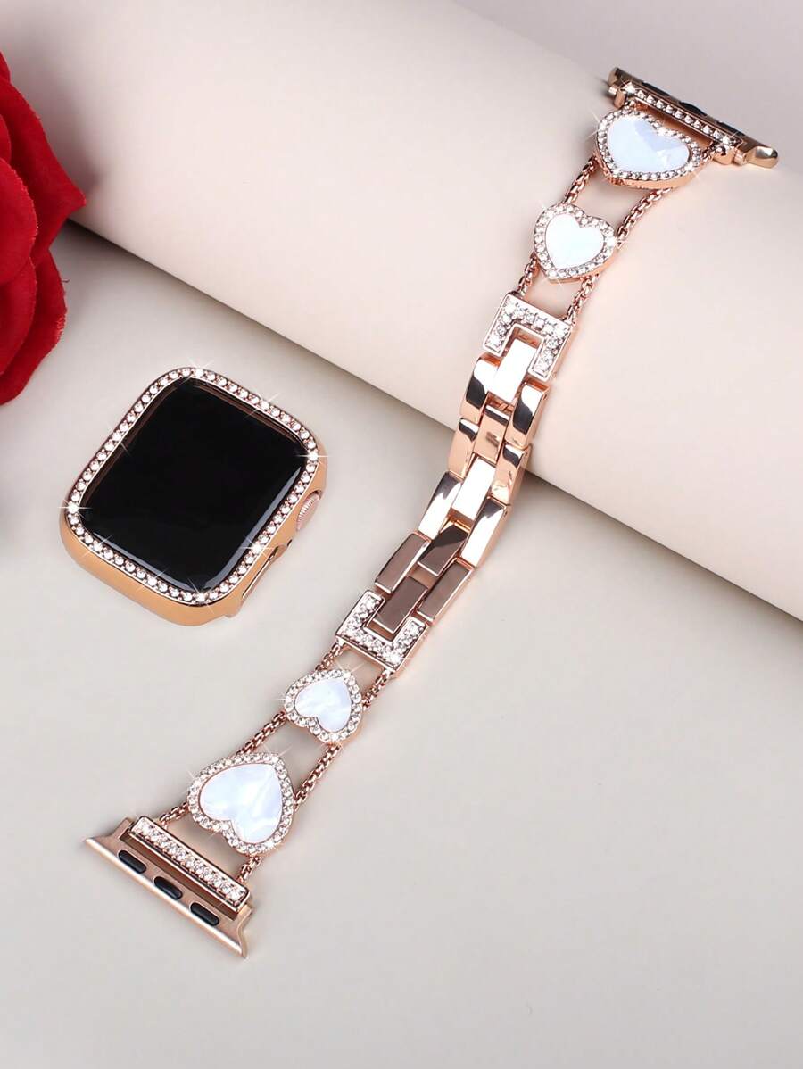 Ensemble combo de bracelet et de coque, bracelet métallique scintillant en strass avec ornement en forme de cœur pour femmes, coque de protection en PC avec strass, compatible avec Série Ultra/10/9/8/7/6/5/4/3/SE, 49/46/45/44/42/41/40/38mm
