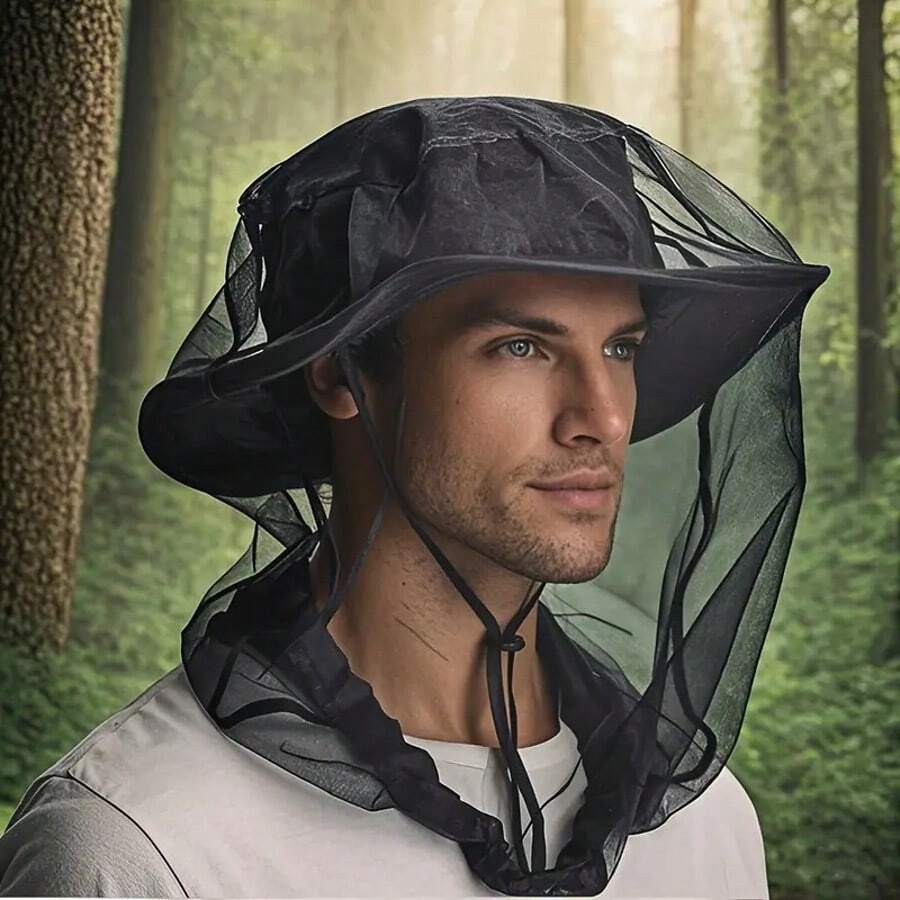 1pc Green Outdoor Mosquito Net Cap - Self-Retractable Mesh, Breathable And Machine Washable, Perfect For Camping And Fishing