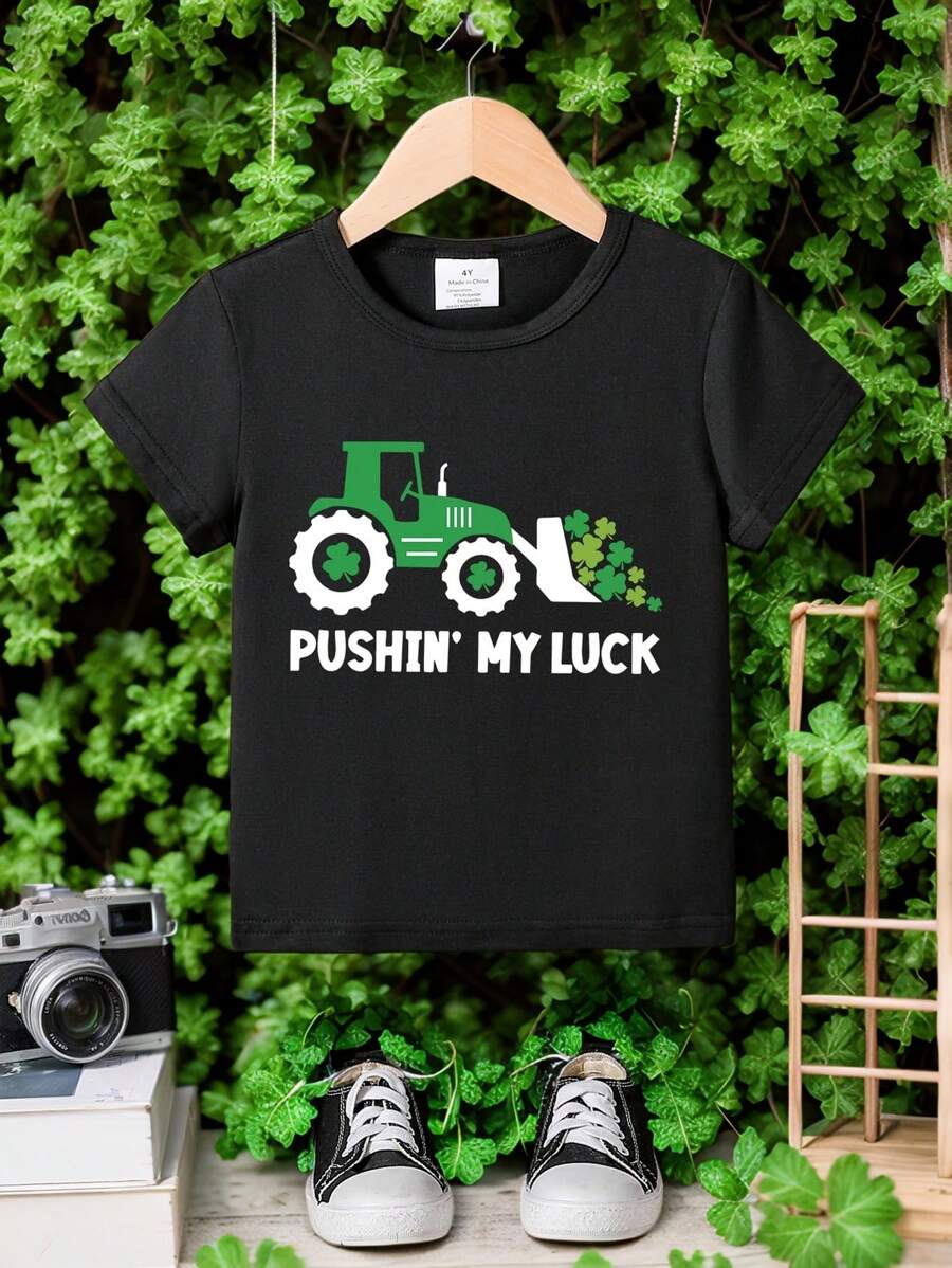 Young Boys Simple Letter & Bulldozer Clover Print Short Sleeve T-Shirt, Summer St. Patrick's Day